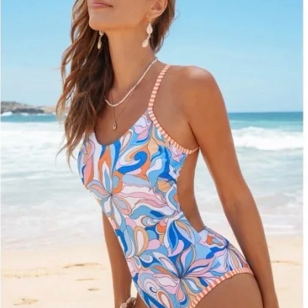 Cupshe Blue and Pink Floral One Piece Swimsuit